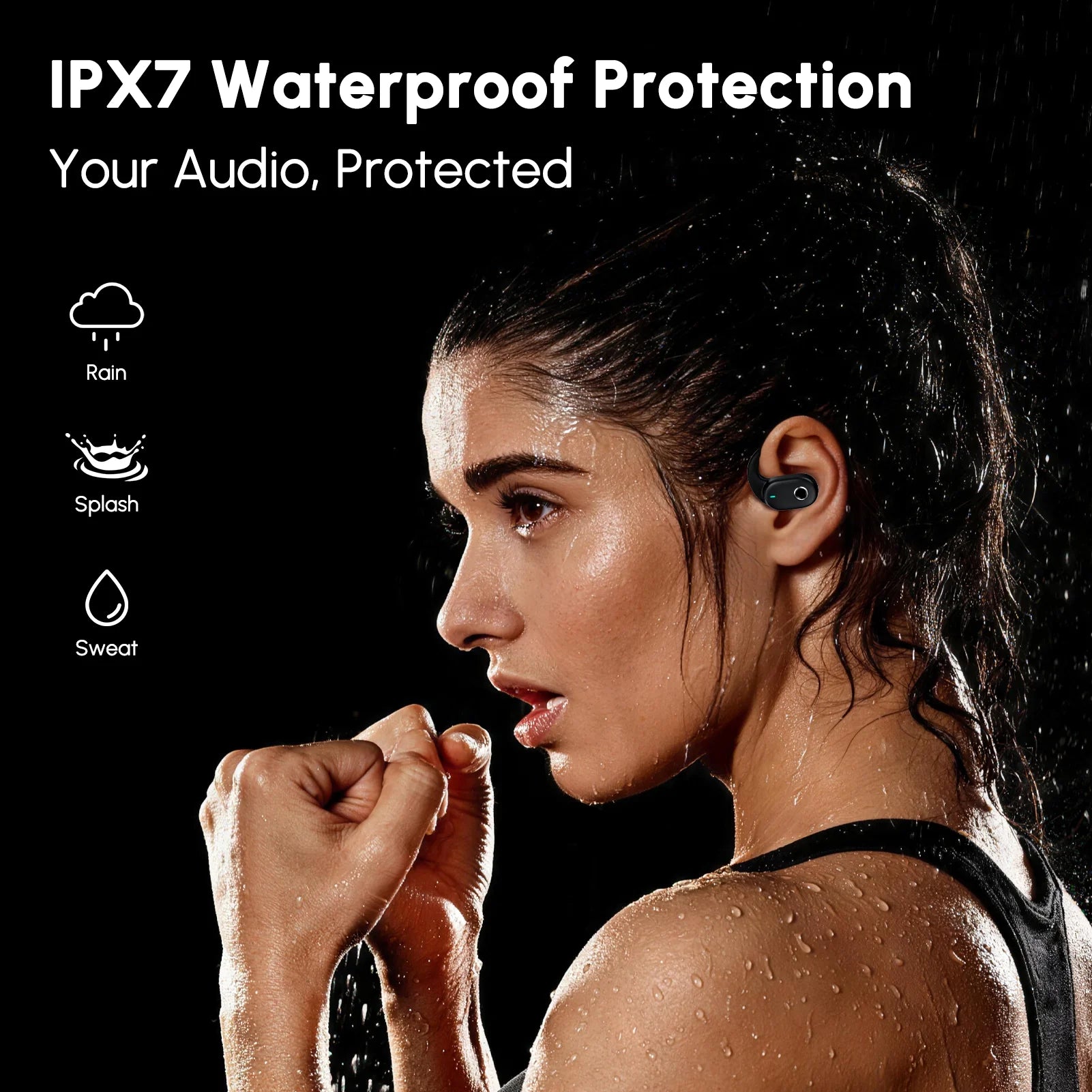 IPX7 waterproof open-ear sport earphones worn by woman