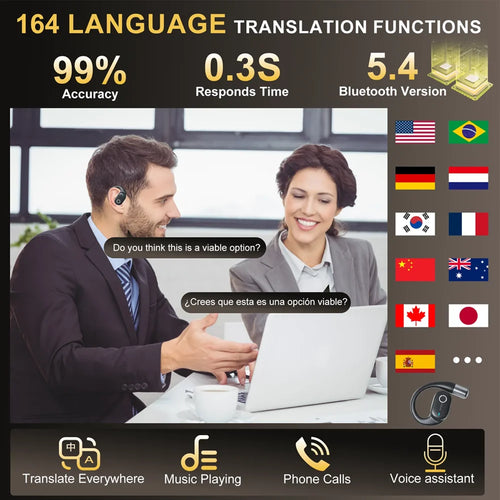 Open-ear earphones showing 164-language real-time translation app interface
